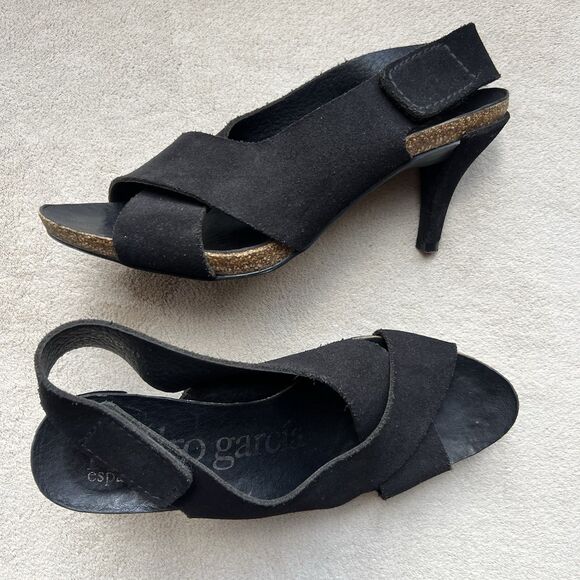 Pedro Garcia Maggie Black Suede Cork Heel Sandal Women EU 35.5 US 5.5 Slingback - Picture 16 of 16